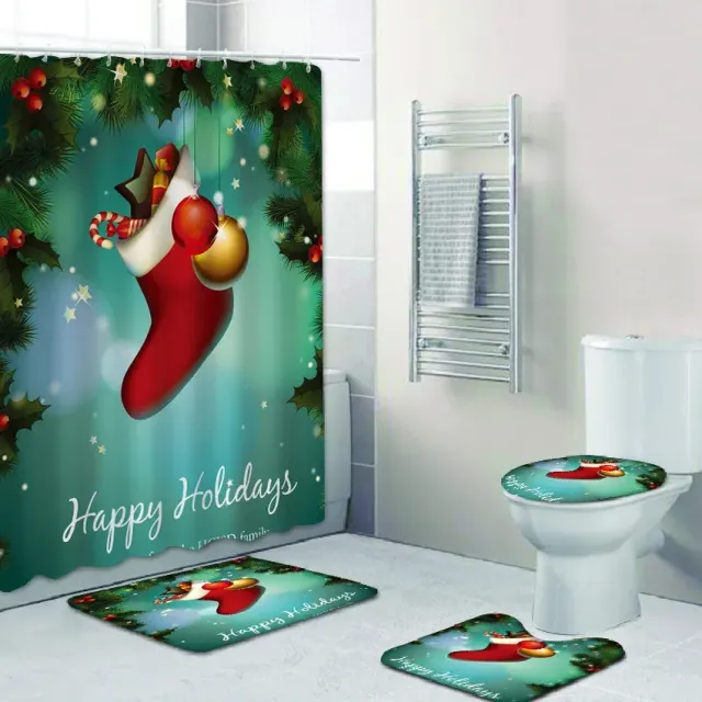 3D Christmas shower curtain and bathroom mat