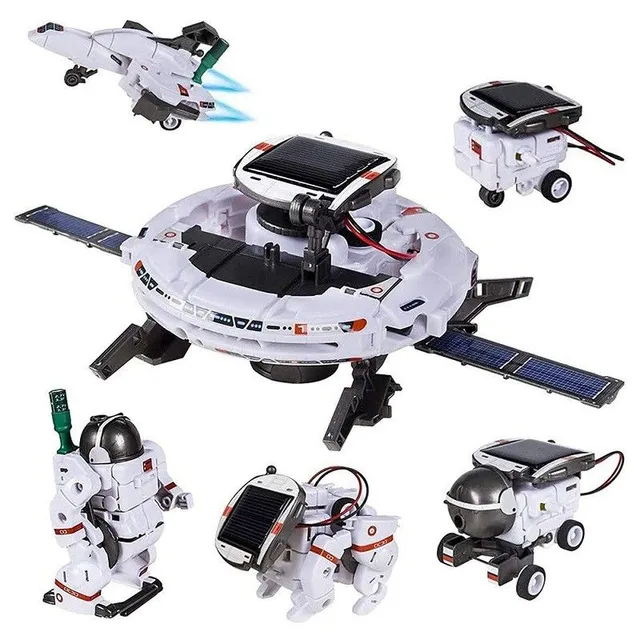 Set de construcție UFO cu panou solar Jucărie robotică educativă în mișcare pentru copii Model spațial pe bază de energie solară 6 variante de asamblare a robotului 18 x 24 x 7 cm