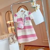 Summer baby dresses for girls with short sleeves, collar, buttons and striped design