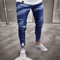 Módne pánske Slim Fit džínsy s roztrhaným vzorom Elia