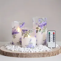 Set 3 lumânări LED sigure în sticlă cu flori mov - imitație flacără, control la distanță