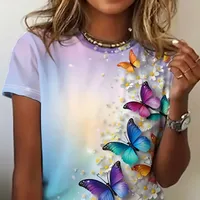 T-shirt à manches courtes et col rond motif papillon, ample, pour le printemps et l'été, femme