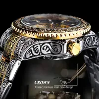 Pánské vintage módní vyřezávané zlaté mechanické náramkové hodinky značky Luxury Butterfly Buckle Hollow Out mechanické hodinky, ideální volba pro dárky