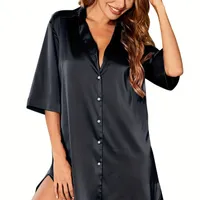 Women's long shirt top for sleeping - solid colour, with buttons at the lapel, plain, short sleeves