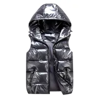 Unisex moderná pohodlná prešívaná vesta s kapucňou z lesklého materiálu