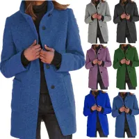 Autumn and winter women's vintage wool coat with single color button and standing collar - fashionable women's casual strong jacket