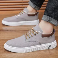 Men's solid low shoes on skateboard, comfortable, non-slip, with laces, breathable from canvas