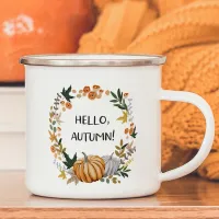 Autumn enamel mug with flower and pumpkin printing for Thanksgiving