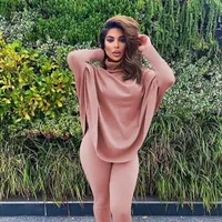 Casual Polyester Turtleneck Batwing Sleeve Blouse and Long Pants Suits