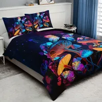 Set de lenjerie de pat respirabilă cu motiv colorat de ciuperci și fluturi - Lenjerie moale pentru dormitor și camere de oaspeți