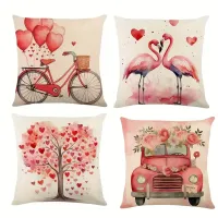 Set 4 perne cu design auto roz, bicicletă roz, copac cu inimă roz, husă de pernă cu model de flamingo roz, pernă pentru Ziua Îndrăgostiților, pernă, stil modern minimalist, 45 cm * 45 cm / 17,8 inci * 17,8 inci, husă pătrată pentru pernă, decor pentru Ziua Îndrăgostiților și pentru uz zilnic