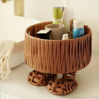 Rustic woven rattan basket with rack for kitchen, bathroom and home decoration purposes