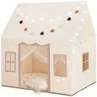 Big children's play tent with windows, light chains, flags and tassels