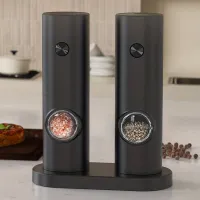 Electric salt and pepper grinder with stand, powered by batteries, automatic grinding with LED light, adjustable roughness, control with one hand and button, ABS material, kitchen helper, black set with brush 19,51 cm × 16,51 cm × 7,01 cm
