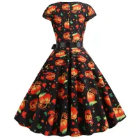 Rochie elegantă vintage cu imprimeu de dovleac pentru Halloween - Costum cu mâneci scurte și decolteu rotund