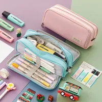 Large school pencil case with three zipped pockets