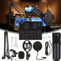 BM800 Studio mikrofón sada pre podcasty a živé vysielanie: kondenzátor mikrofón, V8 zvuková karta, nastaviteľné rameno, kovový držiak a dvojvrstvový pop filter