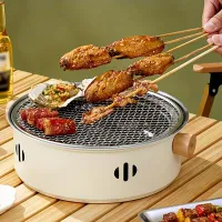 Grill for charcoal - 1 pc, portable, stainless steel, foldable, round grid with non-sticky surface, outdoor camping (without charcoal)