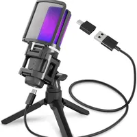 Microfon USB profesional pentru jucători Microfon cu condensator și iluminare RGB Pentru înregistrare, podcasting și streaming Compatibil cu PS5, PS4 și Mac