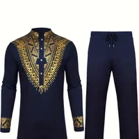 Dashiki-style male cotton set: Elegant two-piece suit with gold pattern for festive occasions.