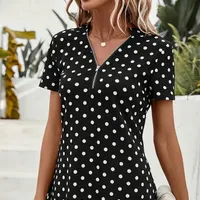 Blouse à col rond à pois, élégante blouse courte zippée pour femme