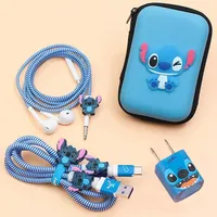 Protective cover for headphones and charger with cover and cable clips in Stitch theme