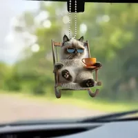 Chat cool avec café - Pendentif en acrylique 2D pour voiture