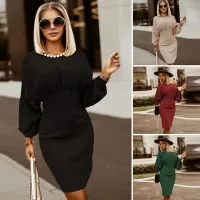 Women's elegant dress in a monochrome variant and with long sleeve