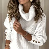 Women's knitted sweater with turtleneck and decorative buttons, long sleeve - casual style