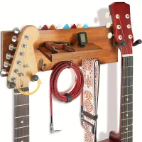 1ks nástěnný držák na kytaru se 2 otočnými gumovými háky, dřevěný nástěnný věšák na kytaru s poličkou a držákem trsátka, držák na kytaru nástěnný závěsný stojan pro akustickou elektrickou kytaru, baskytaru, banjo, kytarové příslušenství Umělecké a řemesln