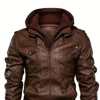 Men's leather jacket with hood, pockets and zipper