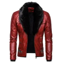 Veste en cuir pour homme avec fourrure synthétique rouge Riley