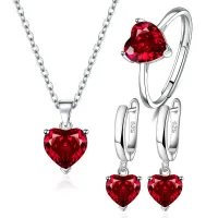 Set of jewelry for silver earrings, ring and chain with colored hearts made of zirconium