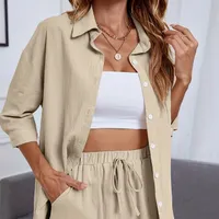 Full-length casual two-piece set, button front collar shirt & stretching elastic waistband shorts, women's clothing