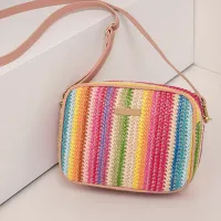 Women's colored straw bag over shoulder with zipper for holiday and beach