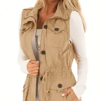 Solid Vest With Capsules On Clops And String, Universal Handless Vest With Zip For Spring And Autumn, Women's Clothing
