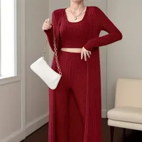 Women's 3-piece ribbed set: shortened top, cardigan with long sleeve and trousers with high waist