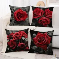 Ensemble de 4 housses de coussin en velours avec motifs de roses rouges