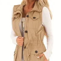 Solid Vest With Capsules On Clops And String, Universal Handless Vest With Zip For Spring And Autumn, Women's Clothing