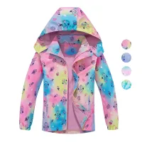 Girl rain jacket with hood and camouflage in rainbow colors - Waterproof and light baby jacket with removable hood and fleece lining