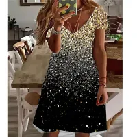Women's dress with print, free cut, V-neck and short sleeve, suitable for a party