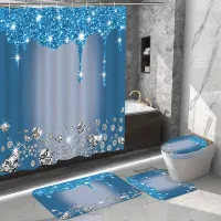 Set de baie de lux 4 în 1 cu model de diamant strălucitor - perdea de duș, 2 covoare, capac de toaletă și cortină