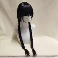 Children's long black double knitted wigs Wednesday for girls 3-10 years old