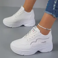 Women's White Platform Sneakers, Stretch Outdoor Shoes for Leisure, Comfortable Low Sports Shoes