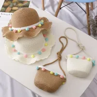 Pălărie de paie pentru plajă pentru copii cu geantă
