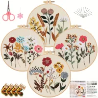 Embroidery set for beginners with 4 floral patterns, hoops, threads and needles