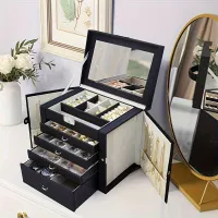 1 piece Large jewelry box, 5-storey PU leather organizer with lock, multifunctional storage case with mirror