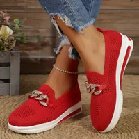 Women's knitted low sneakers with decorative metal chain, comfortable ringing, walking, breathable and casual