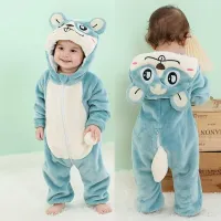 Boy's pajamas with hood made of soft and warm flannel with cute animal motif