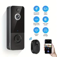 Sonerie video wireless cu sonerie inteligentă, detectare AI a persoanelor, stocare în cloud, imagine HD, sunet bidirecțional, vedere pe timp de noapte, WiFi 2.4G, baterie